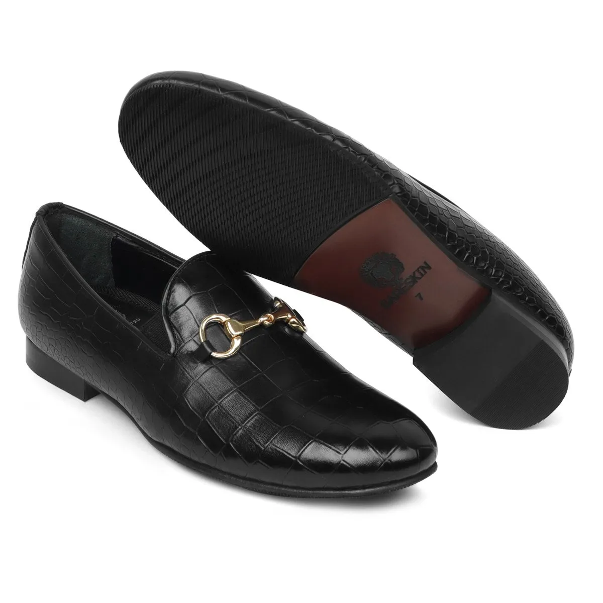 Men's Black Horse bit Loafers with Cut Croco Leather by Brune & Bareskin