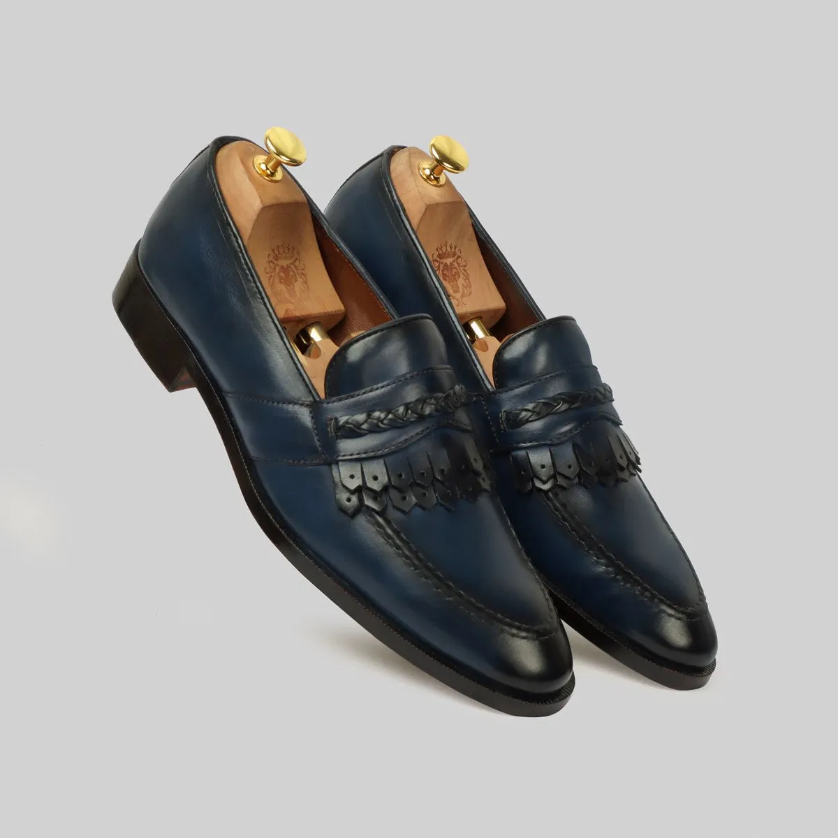 Men's Blue Leather Slip-On Loafers with Dual Fringes Weaved Strip by Brune & Bareskin