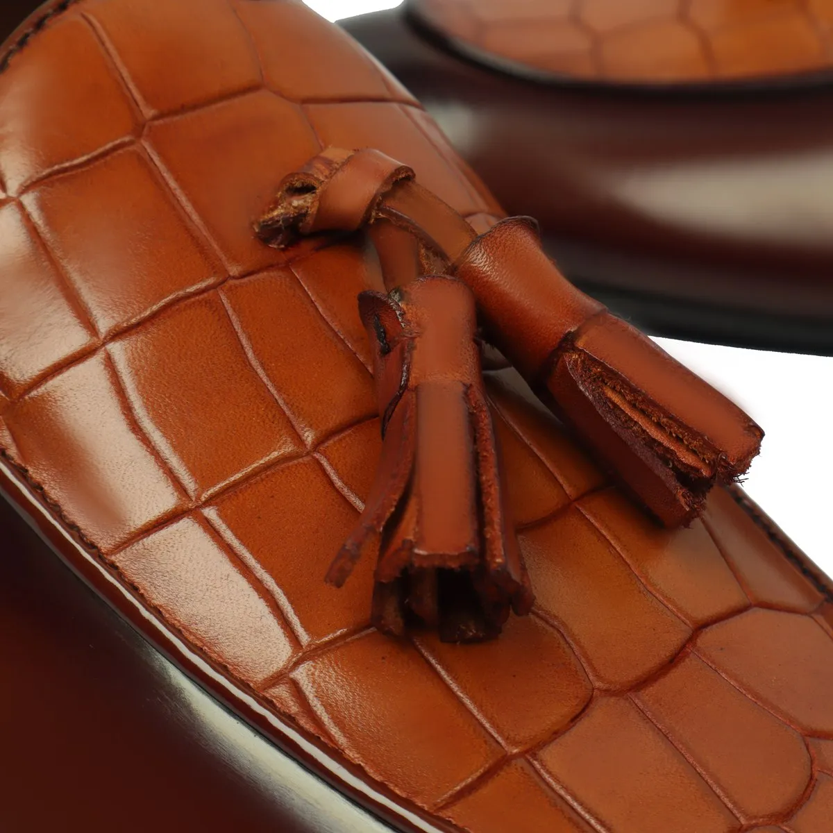 Men's Tan Tassel Loafers With Deep Cut Croco Leather At Vamp By Brune & Bareskin