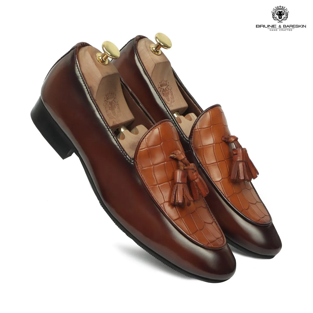 Men's Tan Tassel Loafers With Deep Cut Croco Leather At Vamp By Brune & Bareskin