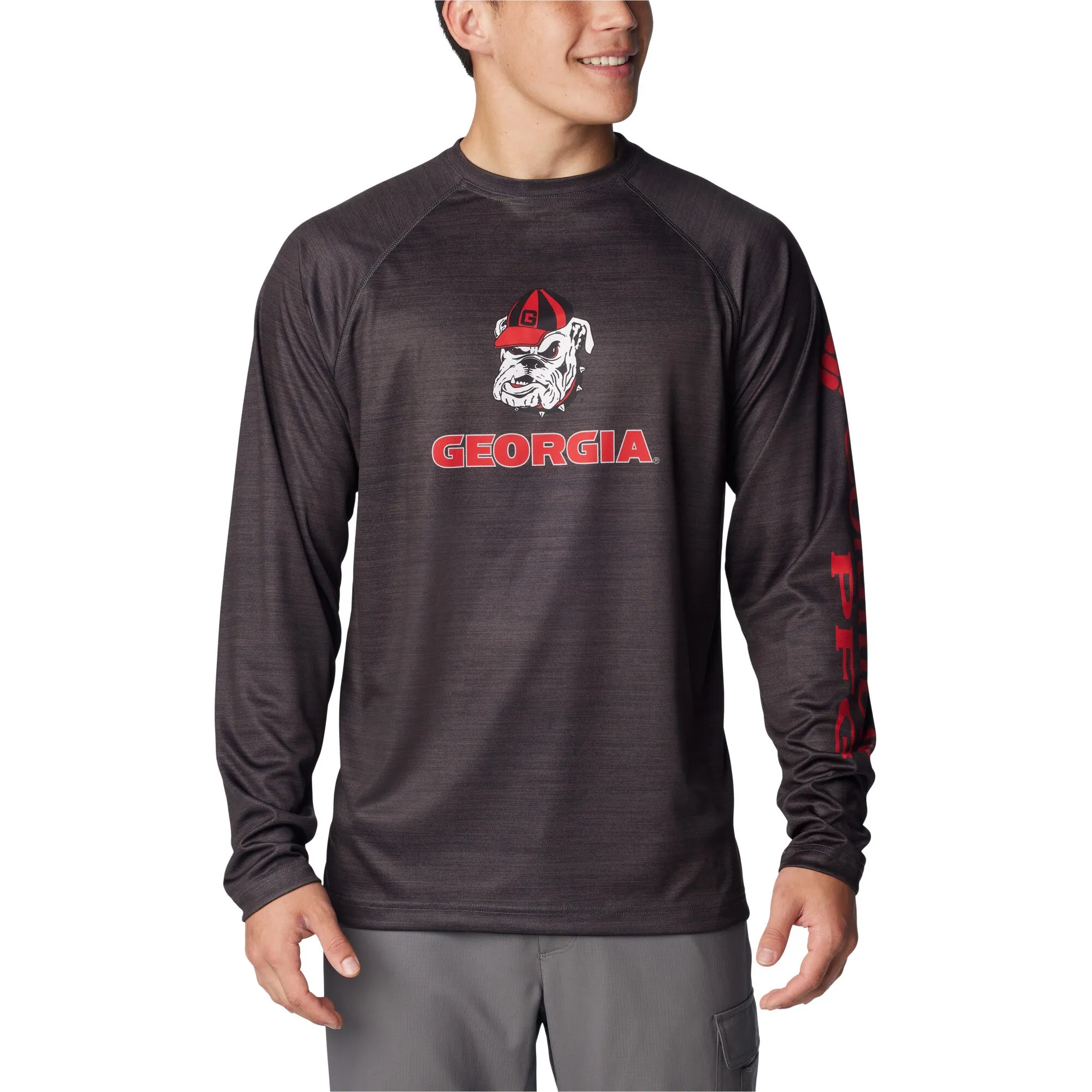 Men's Columbia  Heather Charcoal Georgia Bulldogs PFG Terminal Tackle Omni-Shade Raglan Long Sleeve T-Shirt