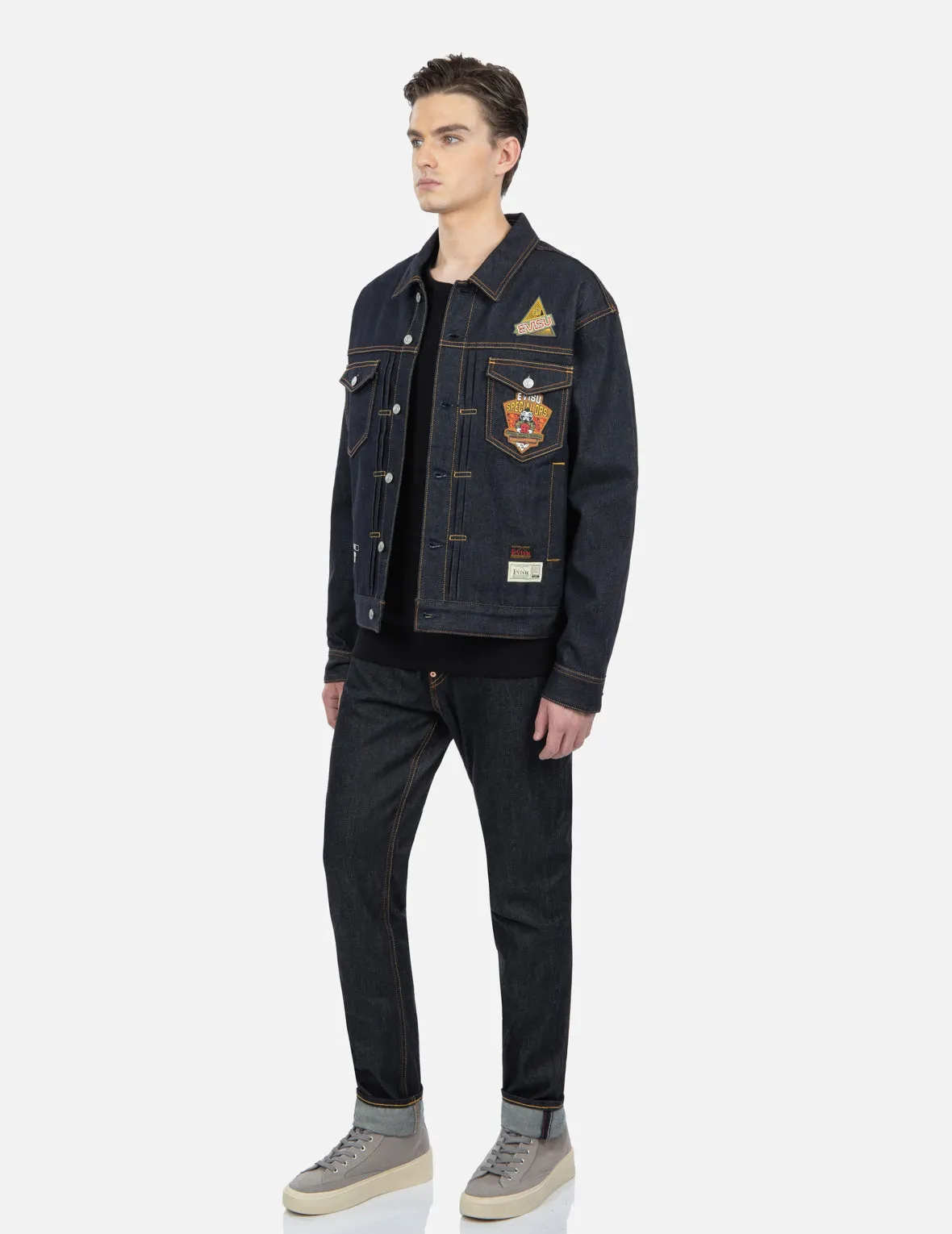 Military Style Godhead Appliqué Denim Jacket