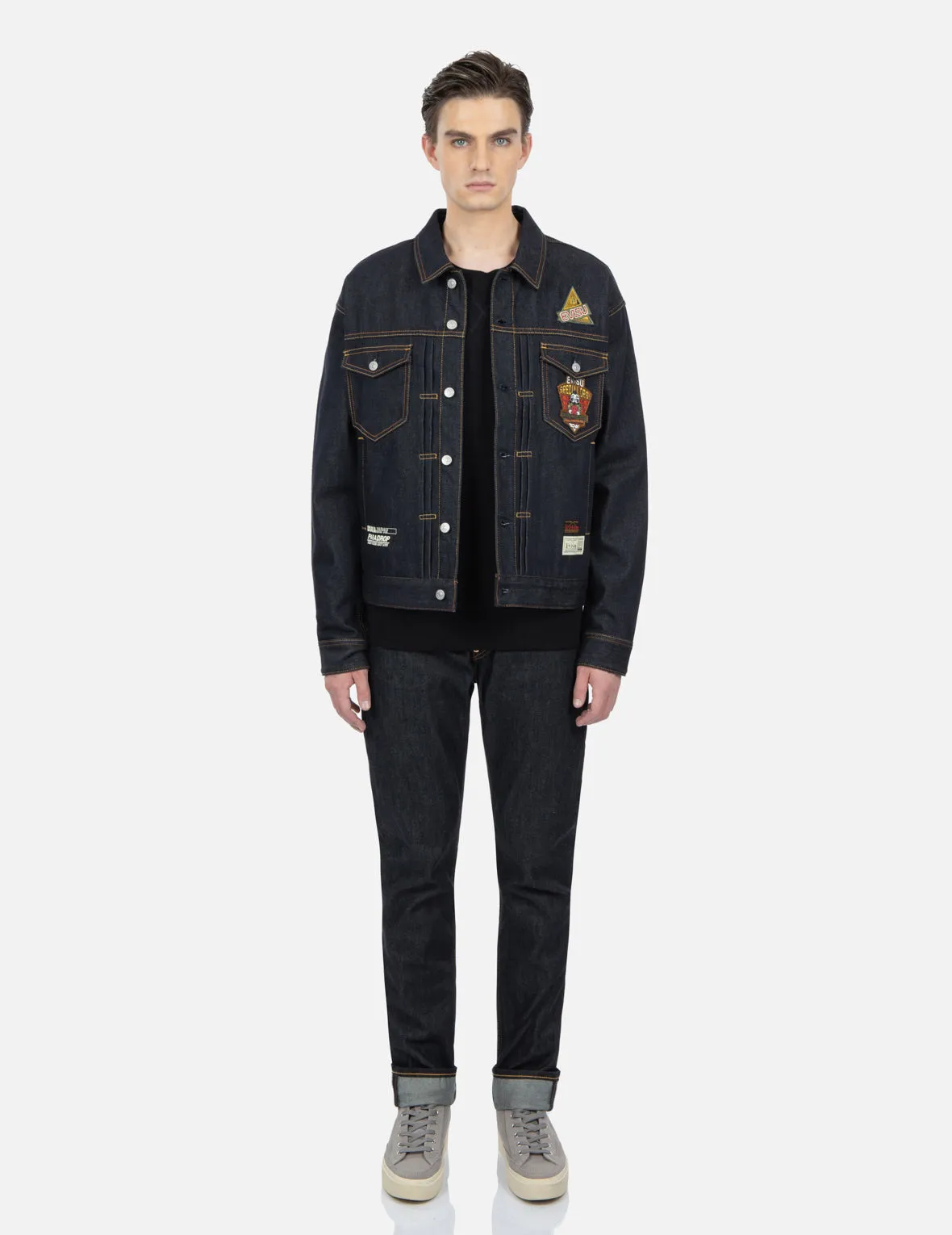 Military Style Godhead Appliqué Denim Jacket