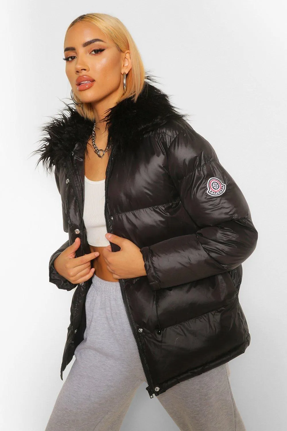 Mongolian Faux Fur Trim Sporty Puffer Jacket