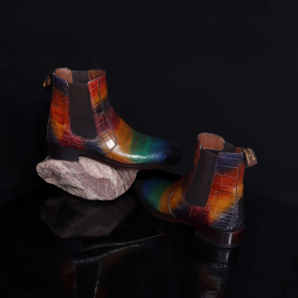 Multi-Colored Croco Textured Leather Chelsea Boots