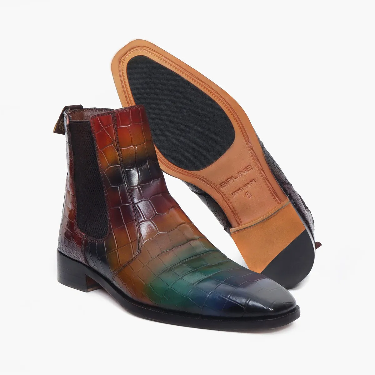 Multi-Colored Croco Textured Leather Chelsea Boots