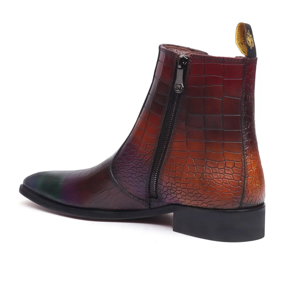 Multi-Colored Croco Textured Leather Chelsea Boots