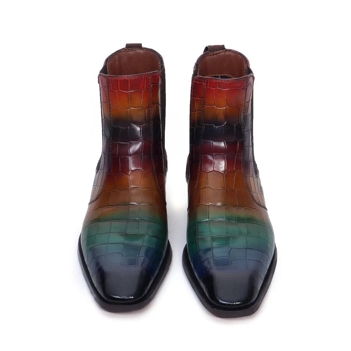 Multi-Colored Croco Textured Leather Chelsea Boots