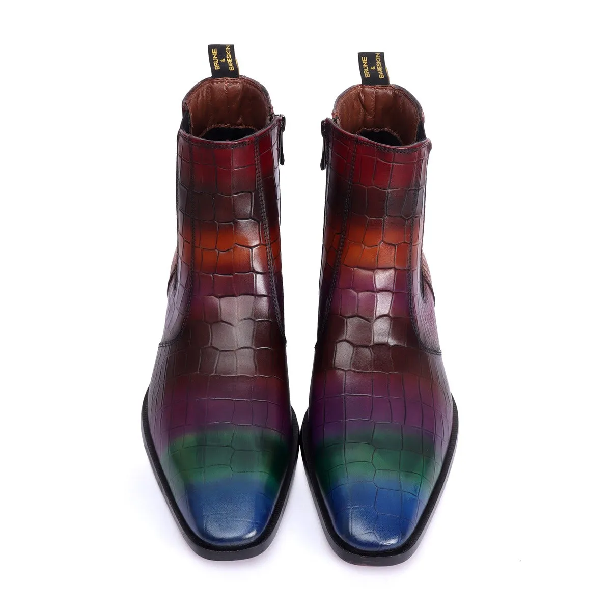 Multi-Colored Croco Textured Leather Chelsea Boots