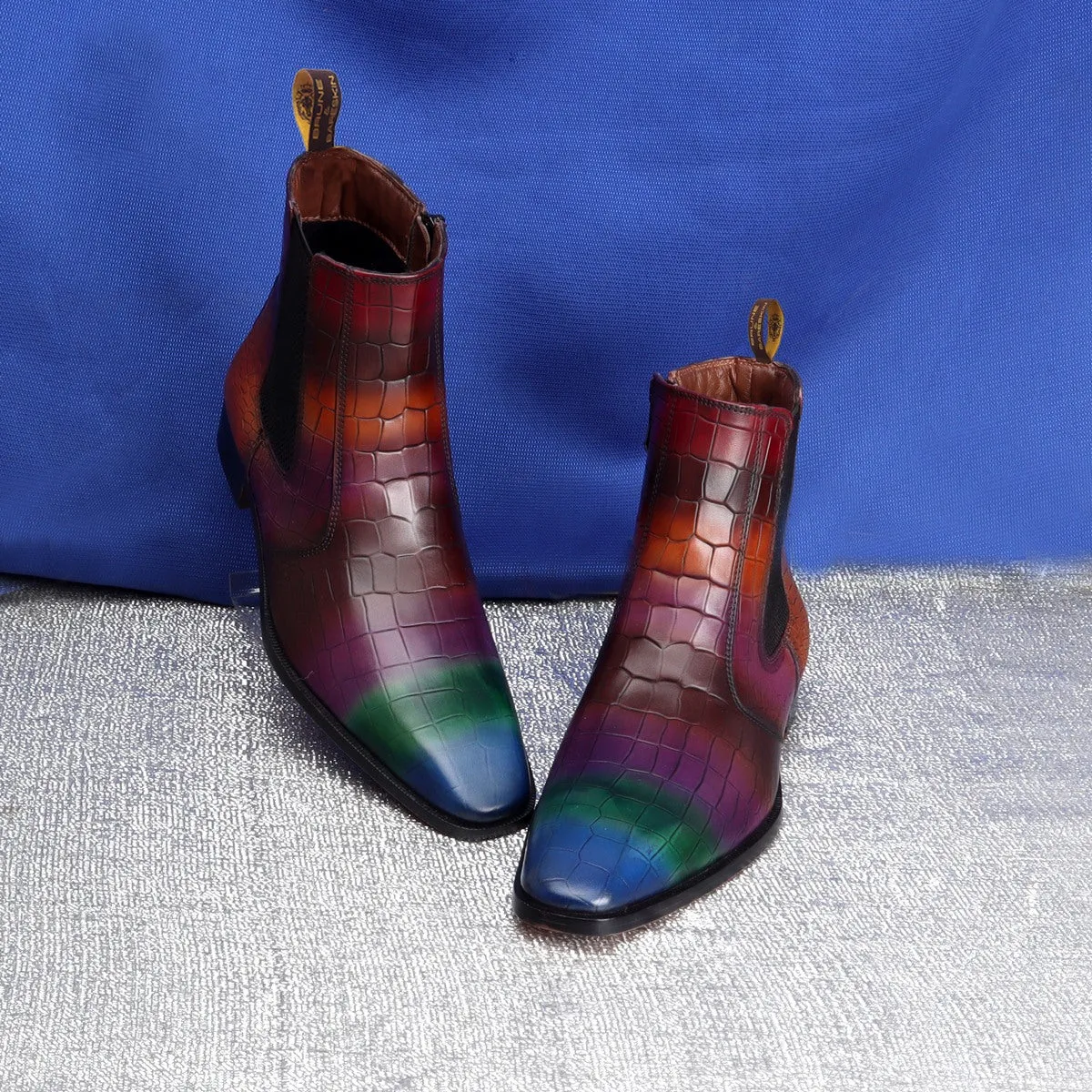 Multi-Colored Croco Textured Leather Chelsea Boots