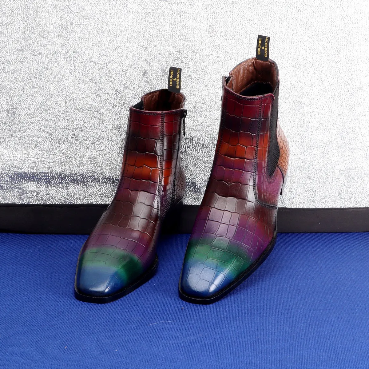 Multi-Colored Croco Textured Leather Chelsea Boots