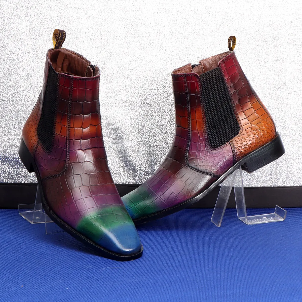 Multi-Colored Croco Textured Leather Chelsea Boots