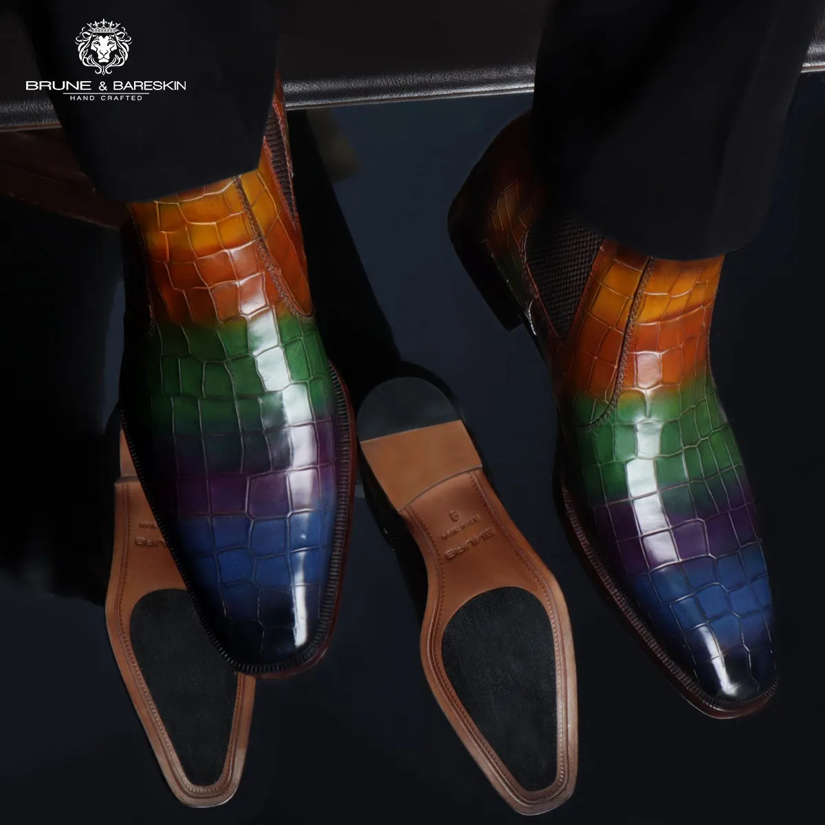 Multi-Colored Croco Textured Leather Chelsea Boots