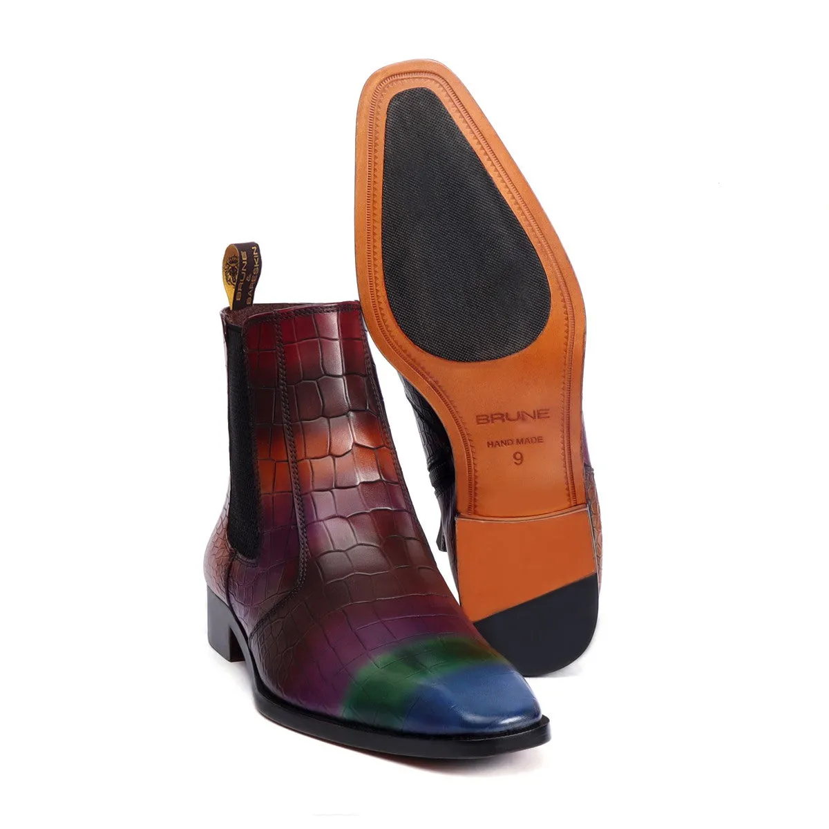 Multi-Colored Croco Textured Leather Chelsea Boots