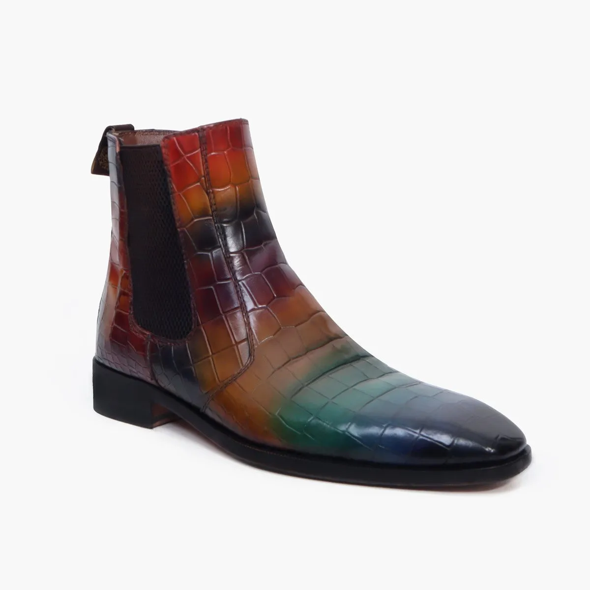 Multi-Colored Croco Textured Leather Chelsea Boots