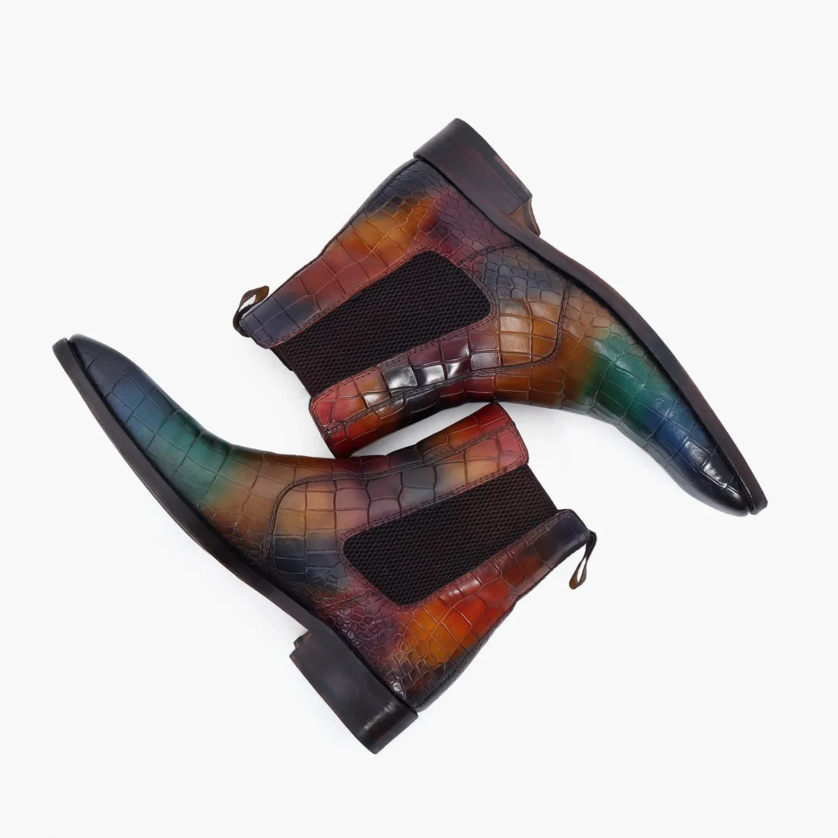 Multi-Colored Croco Textured Leather Chelsea Boots