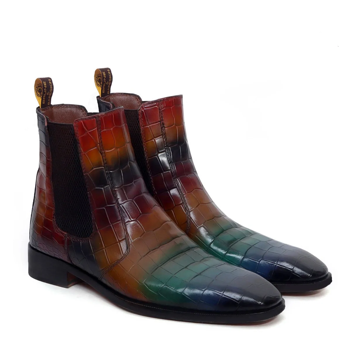 Multi-Colored Croco Textured Leather Chelsea Boots