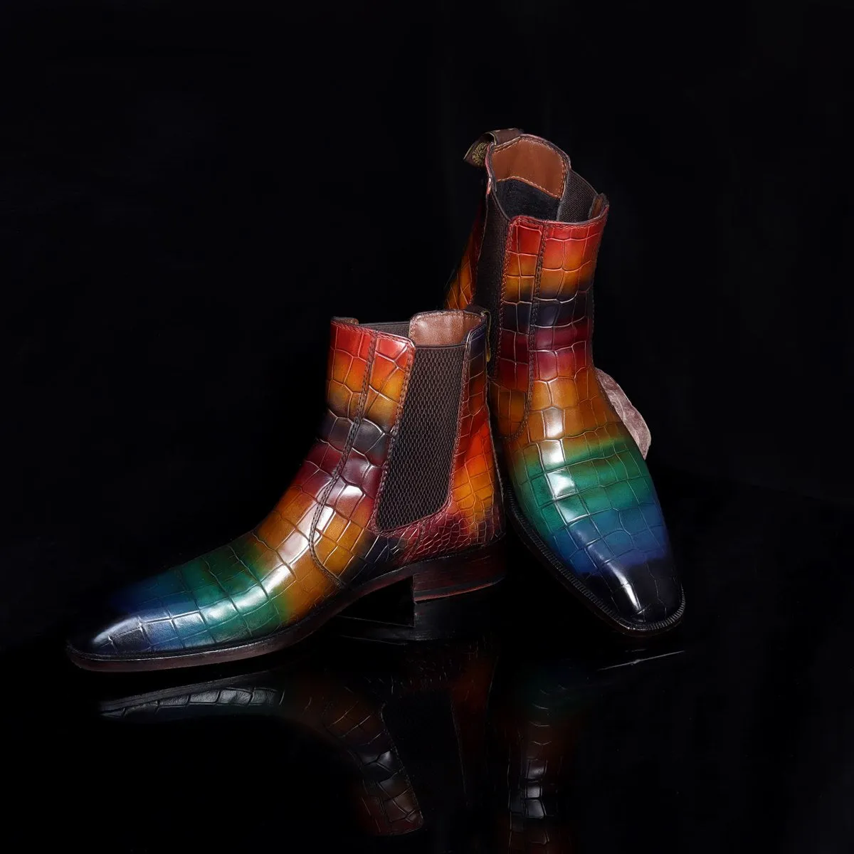 Multi-Colored Croco Textured Leather Chelsea Boots