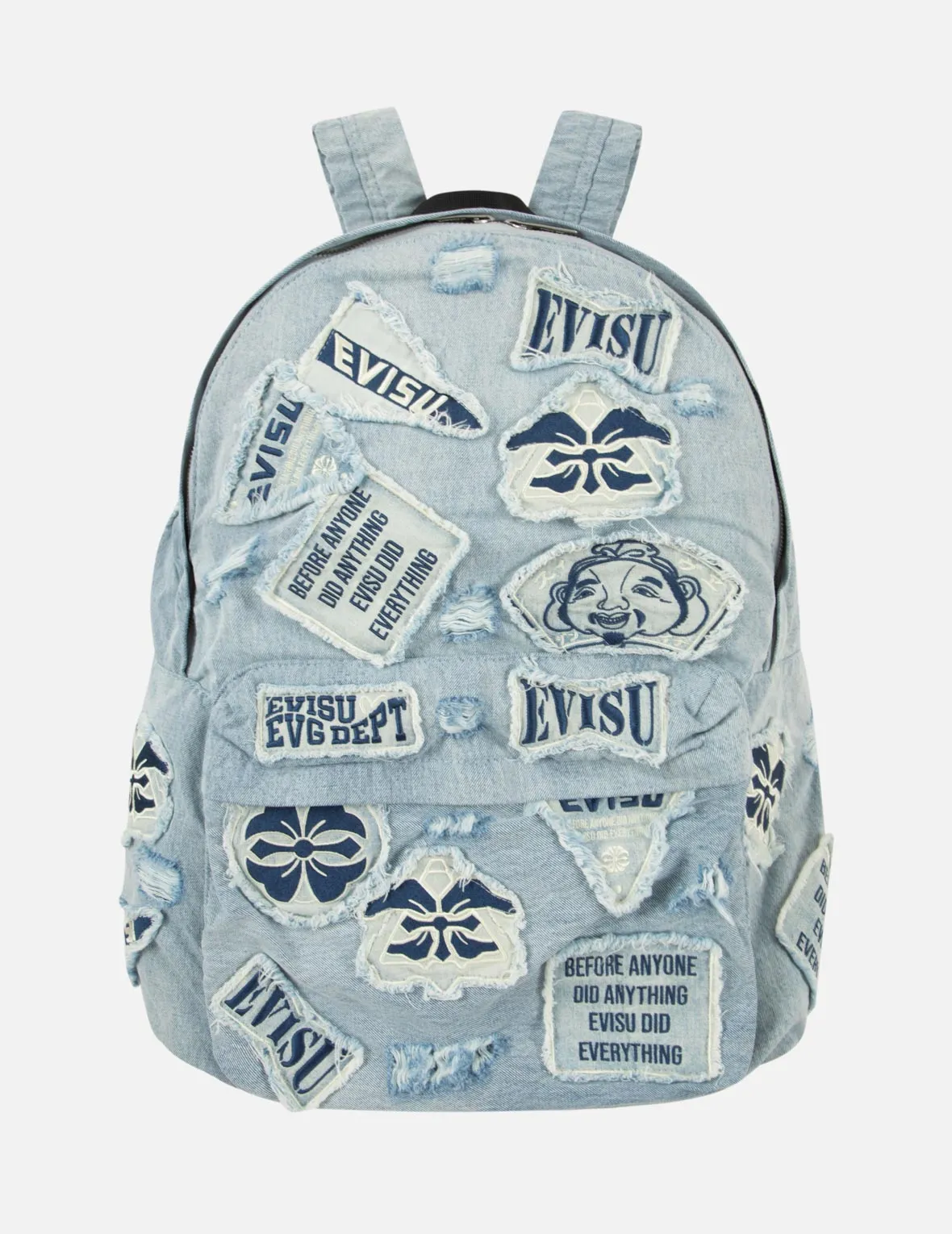 Multiple Distressed Appliqués Denim Backpack