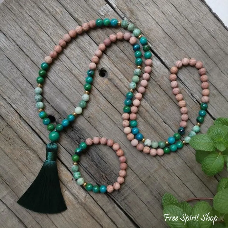 Natural Pink Sand Stone & Chrysocolla Mala Bead Necklace / Bracelet