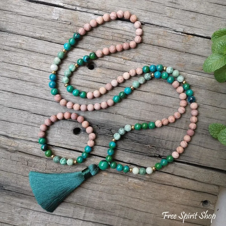 Natural Pink Sand Stone & Chrysocolla Mala Bead Necklace / Bracelet