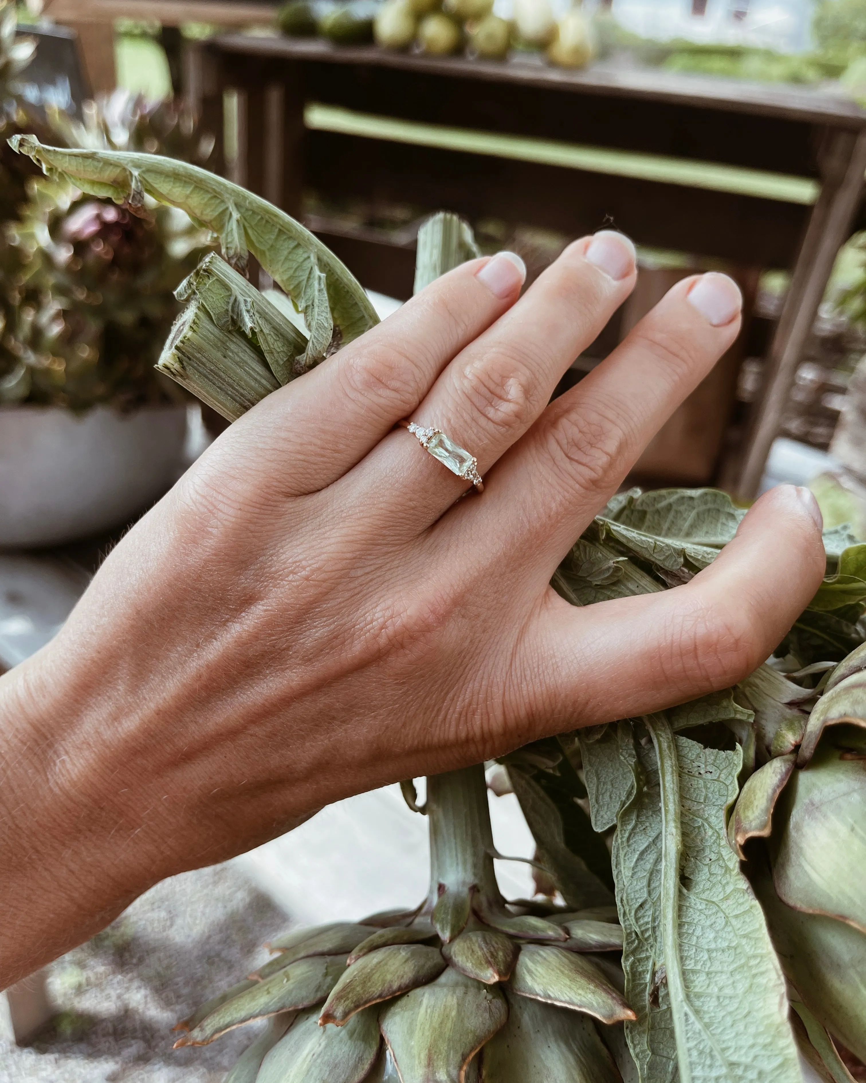 One-Of-A-Kind Cluster Ring with a Radiant-Cut Light Green Sapphire and Brilliant Diamonds (Total 0.94 CT)