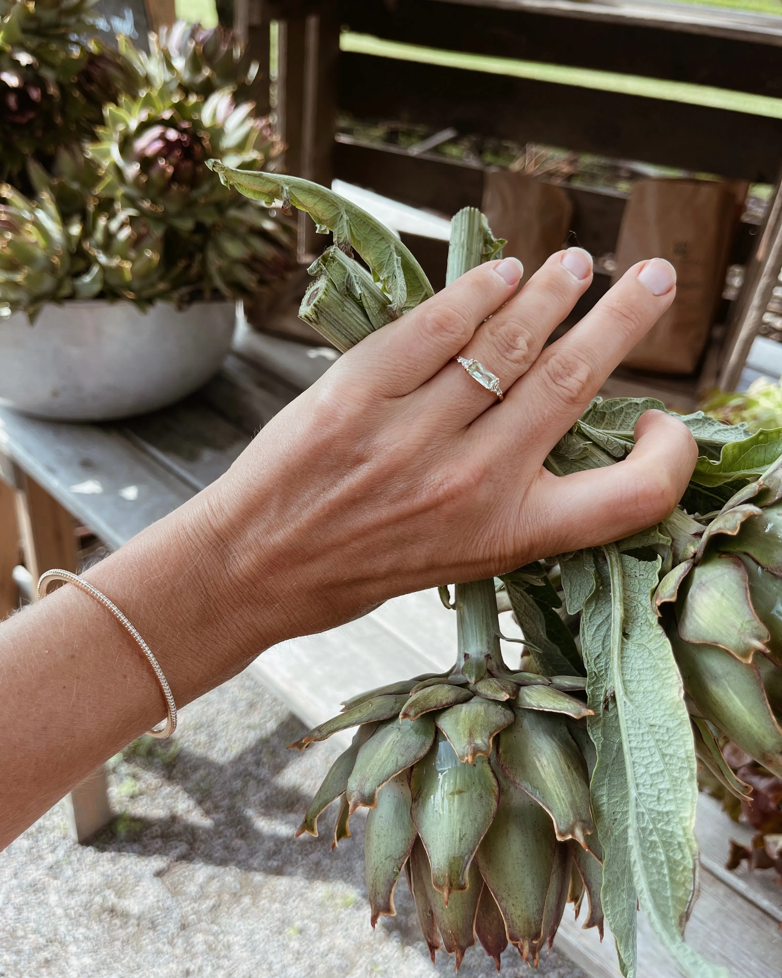 One-Of-A-Kind Cluster Ring with a Radiant-Cut Light Green Sapphire and Brilliant Diamonds (Total 0.94 CT)