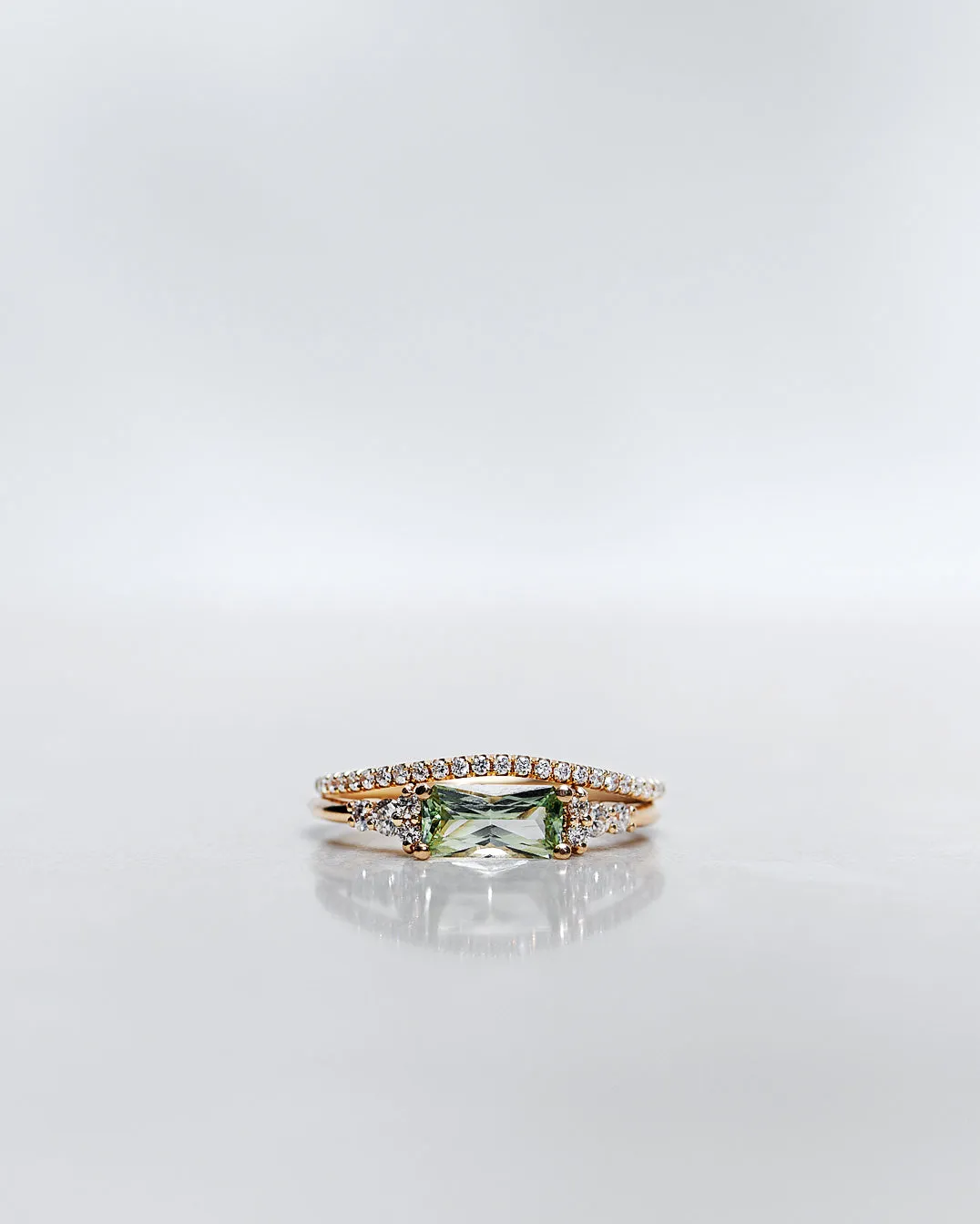 One-Of-A-Kind Cluster Ring with a Radiant-Cut Light Green Sapphire and Brilliant Diamonds (Total 0.94 CT)