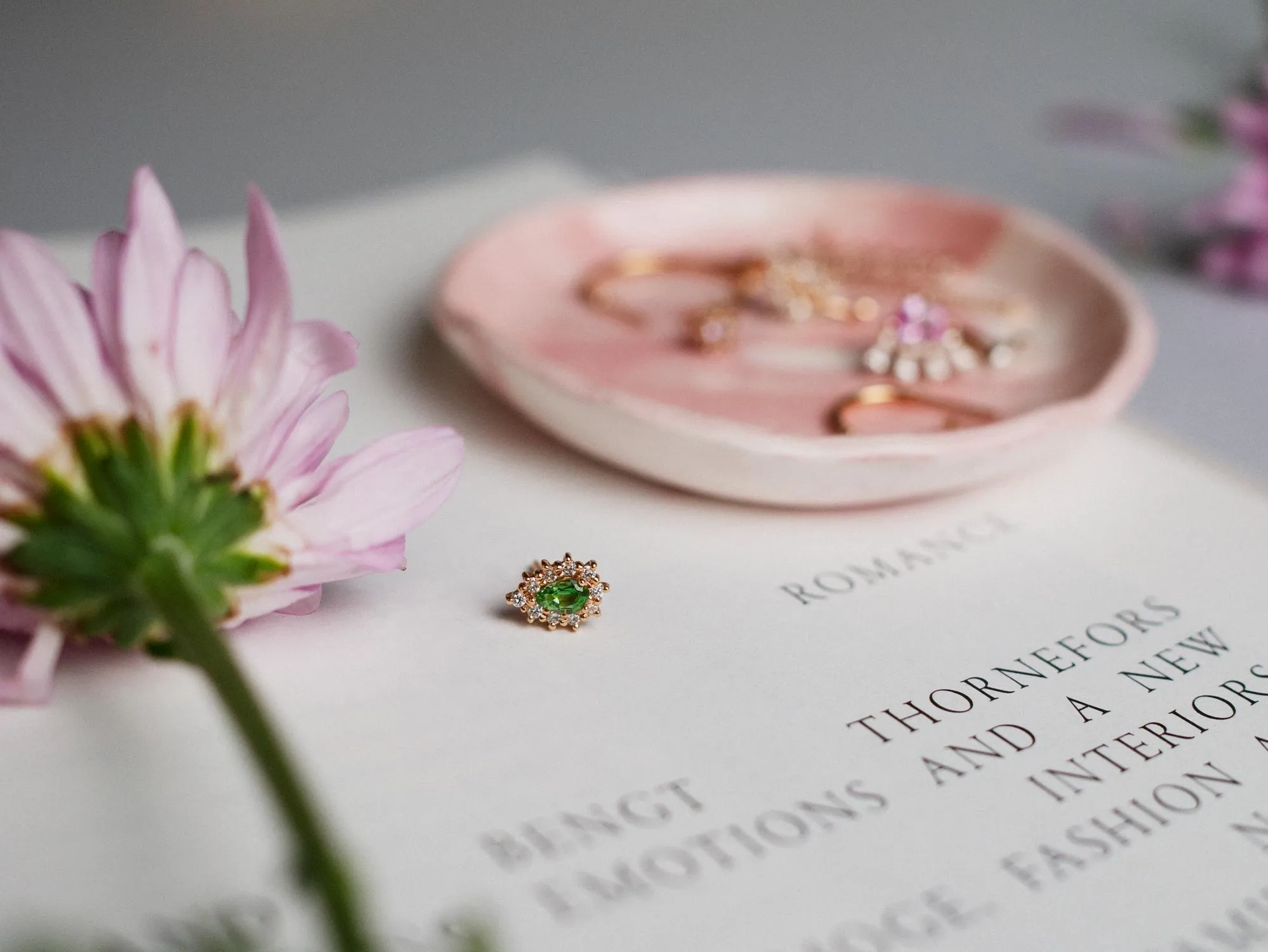 One-of-a-Kind Stud Earring with Green Tourmaline Drop and a Halo of Diamond Brilliants