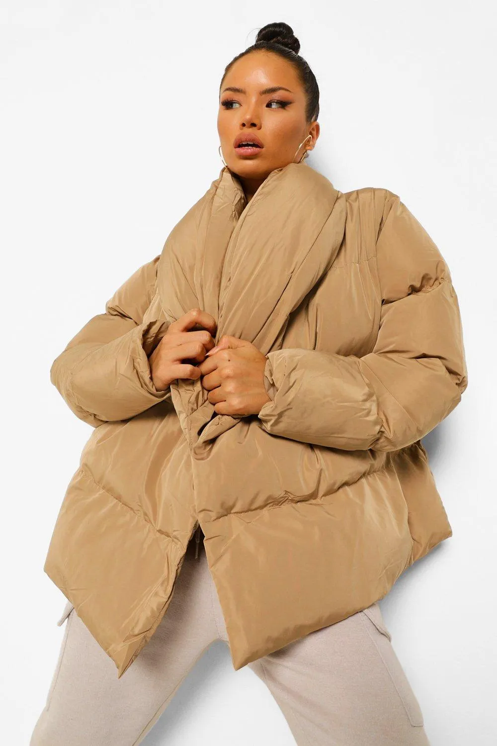 Padded Collar Duvet Belted Puffer