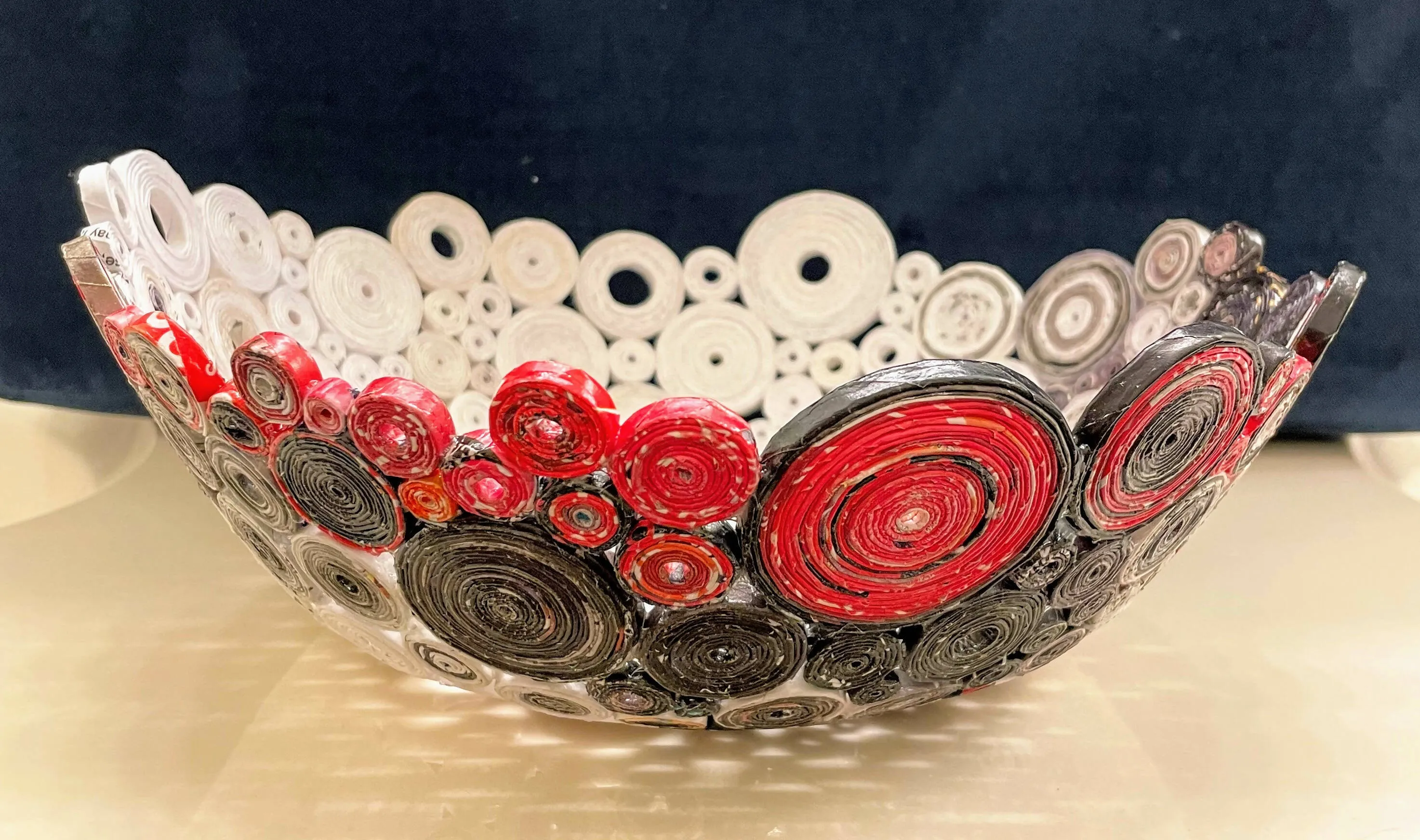 Paper Zen Designs - Red, Black, and White Recycle Paper Bowl 10.5”