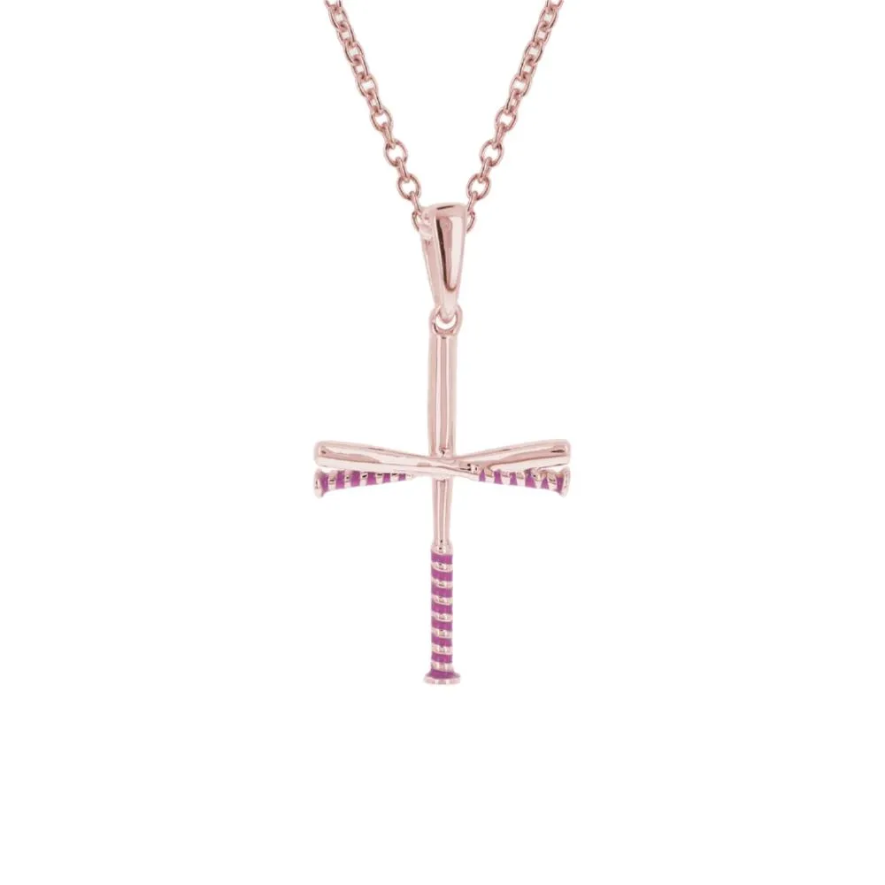 Pink Grip Softball Bat Cross Necklace | Gold