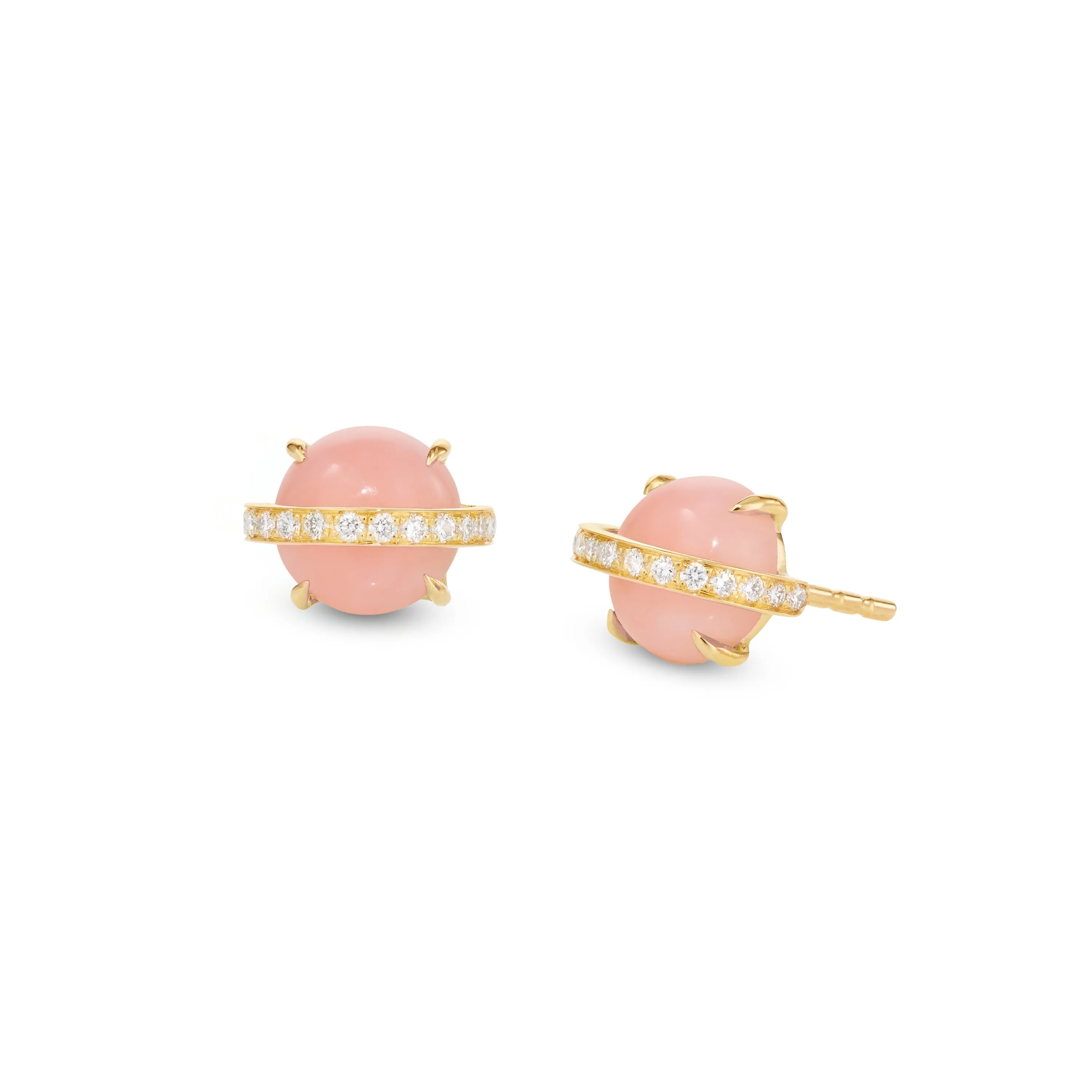 Saturn studs stoned yellow gold with pink opal and diamond