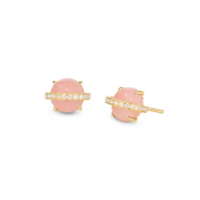 Saturn studs stoned yellow gold with pink opal and diamond