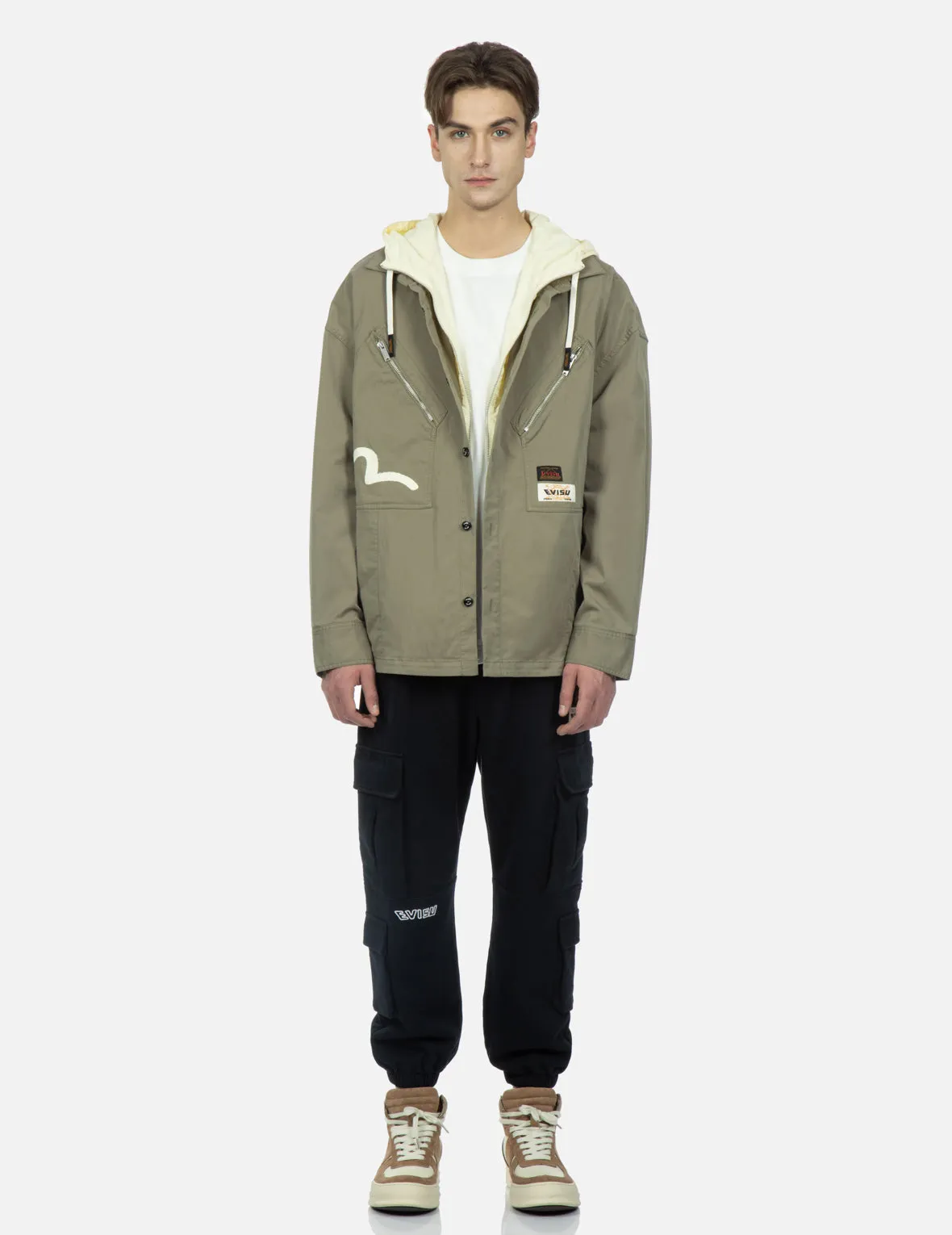 Seagull and Slogan Print Hooded Mock 2-in-1 Jacket