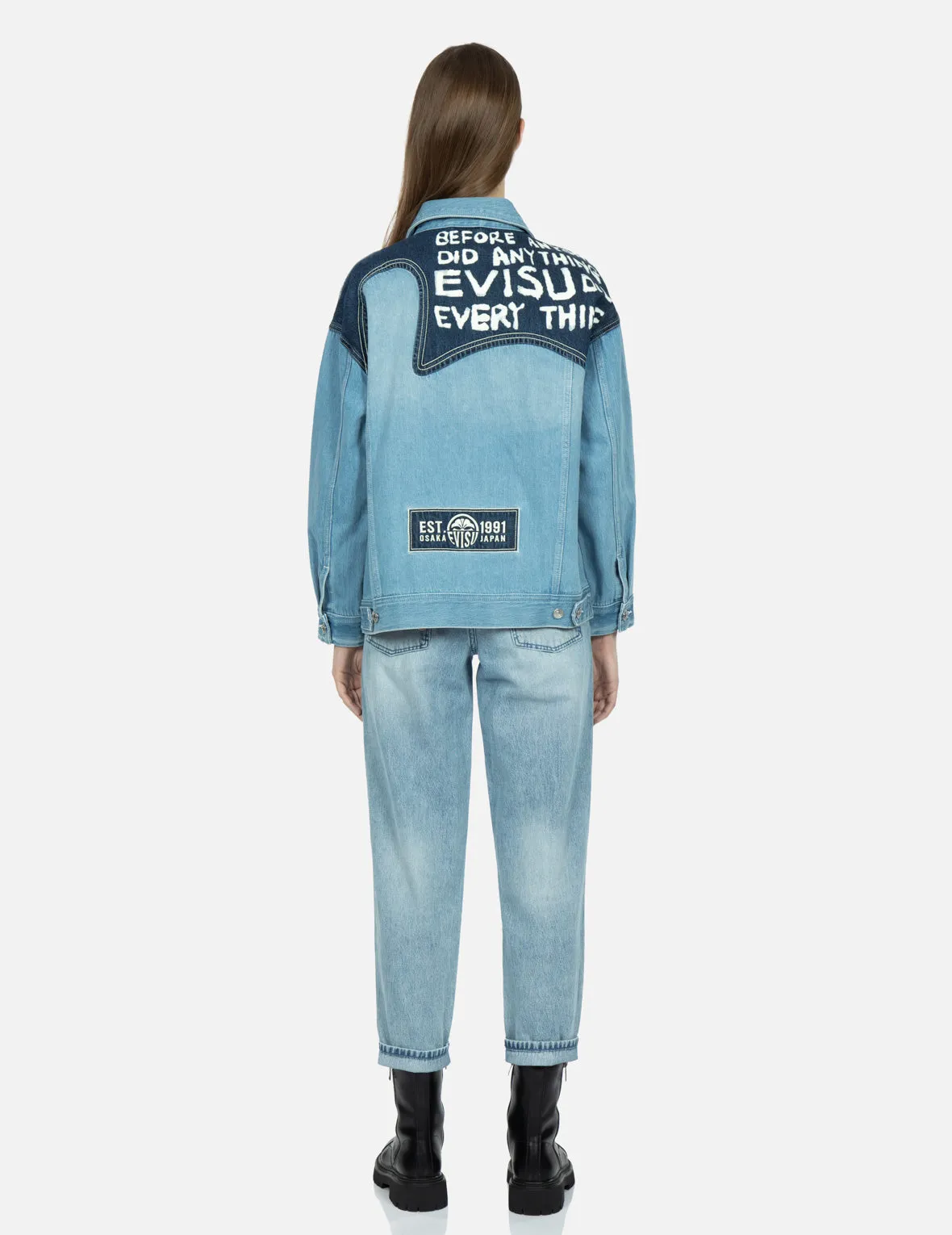 Seagull Embroidery and Slogan-print Blocking Denim Jacket