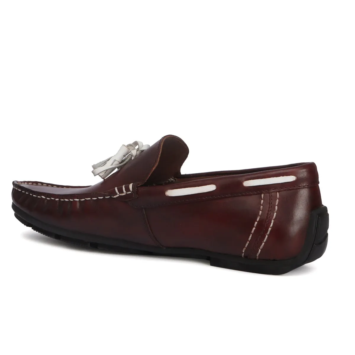 Side Lacing Tassel Bow Leather Loafers in Dark Brown Apron Toe