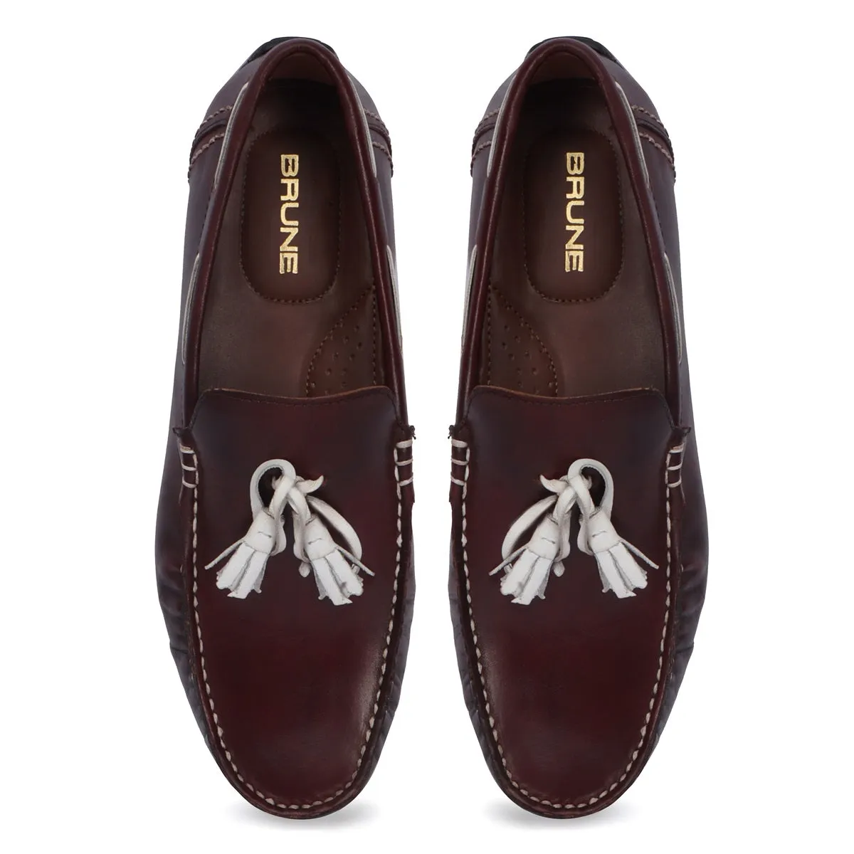 Side Lacing Tassel Bow Leather Loafers in Dark Brown Apron Toe