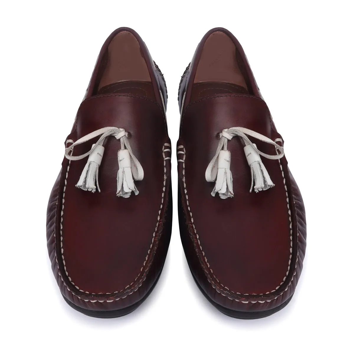 Side Lacing Tassel Bow Leather Loafers in Dark Brown Apron Toe