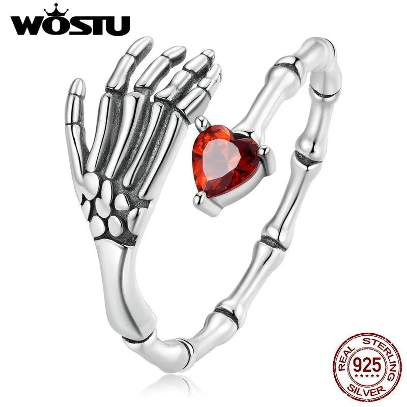 Skull Hand Opening Ring with Red Love