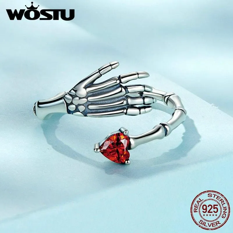 Skull Hand Opening Ring with Red Love