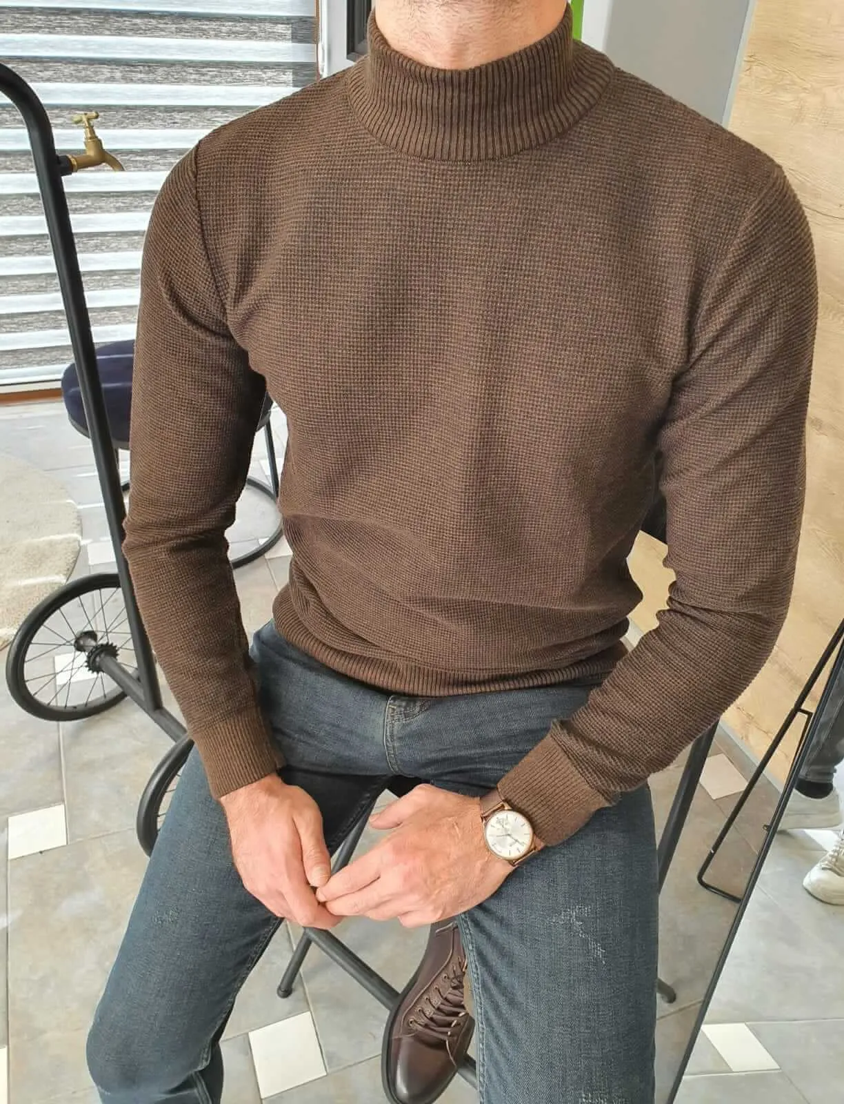 Slim Fit Brown Half Turtleneck