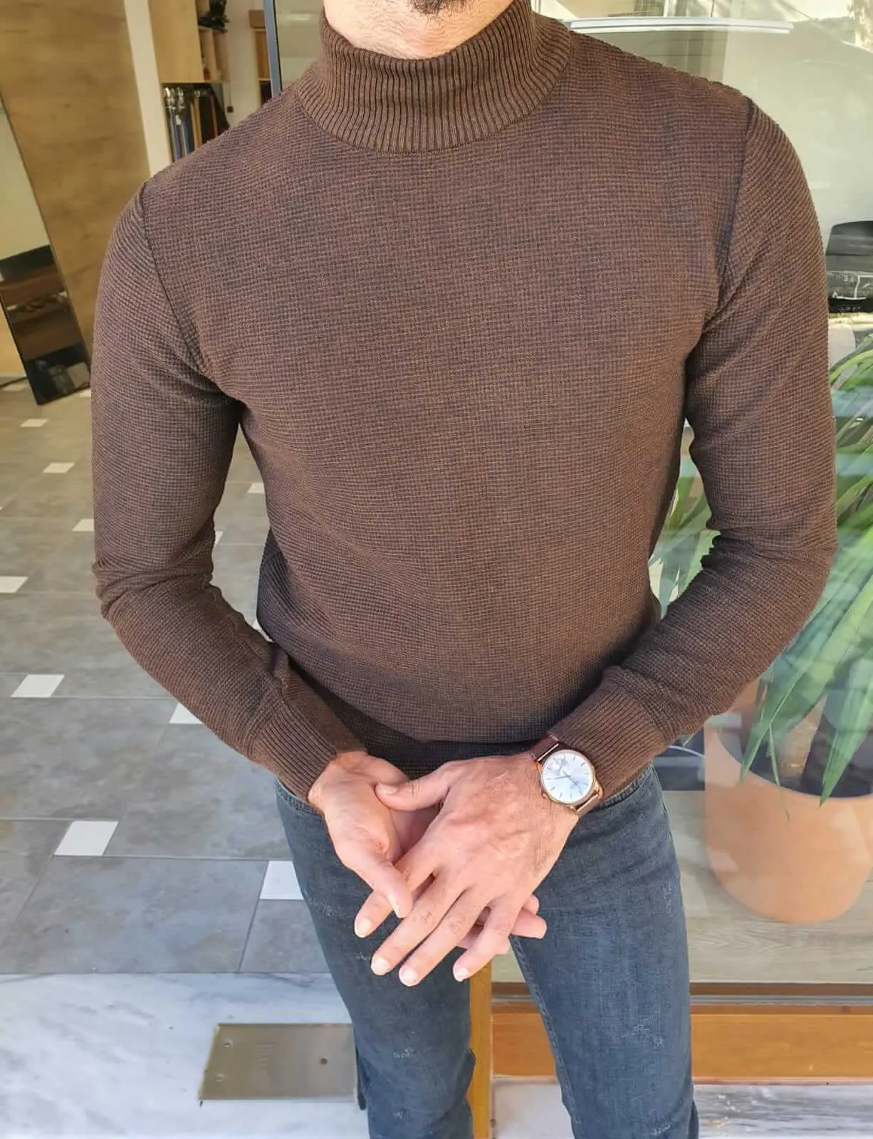 Slim Fit Brown Half Turtleneck