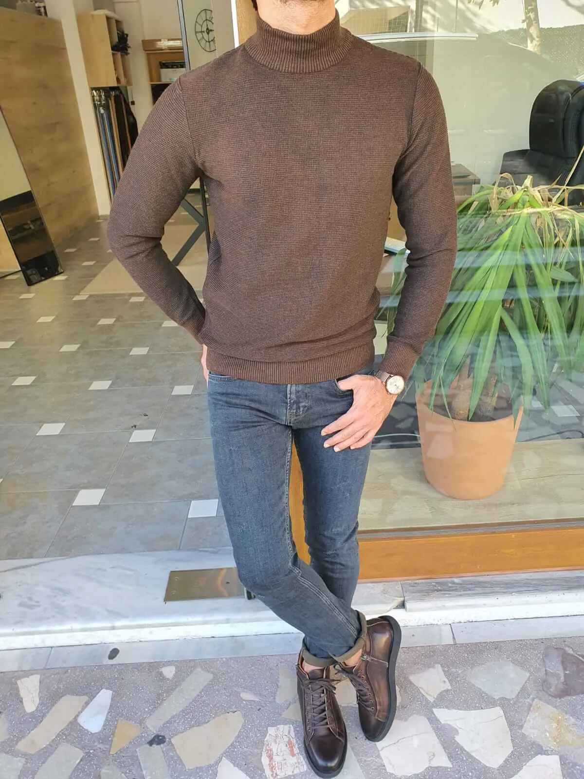 Slim Fit Brown Half Turtleneck