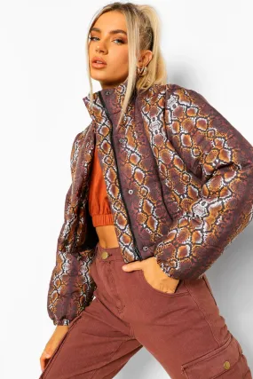 Snake Print Crop Puffer Jacket