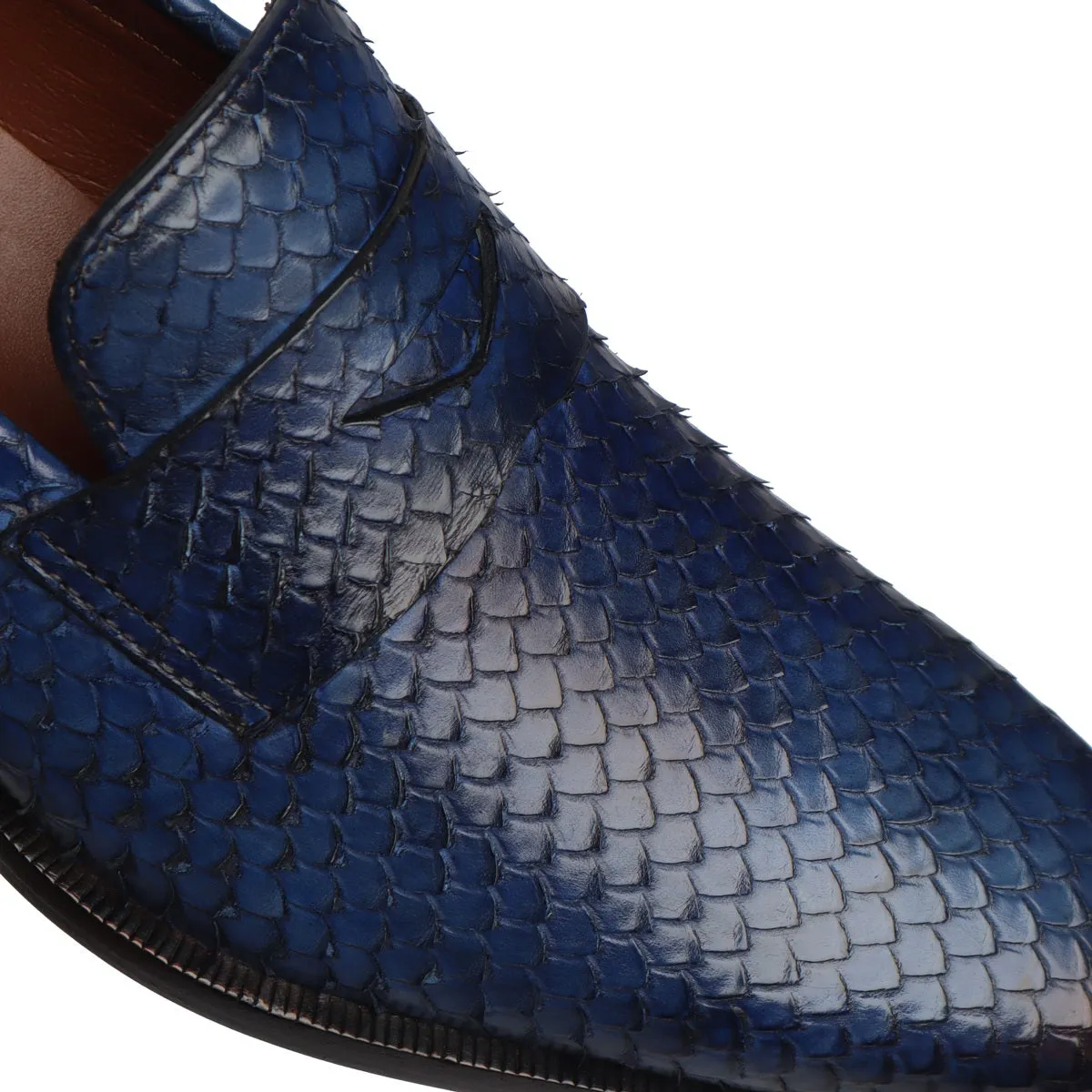 Snake Skin Textured Loafers in Blue Leather