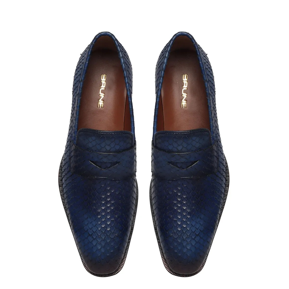 Snake Skin Textured Loafers in Blue Leather