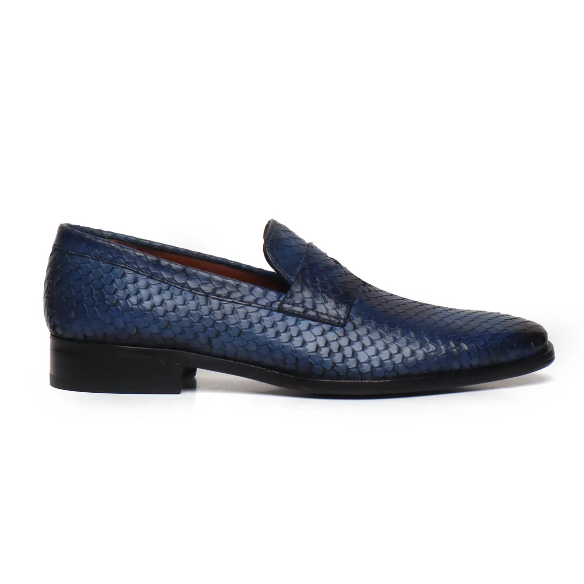 Snake Skin Textured Loafers in Blue Leather