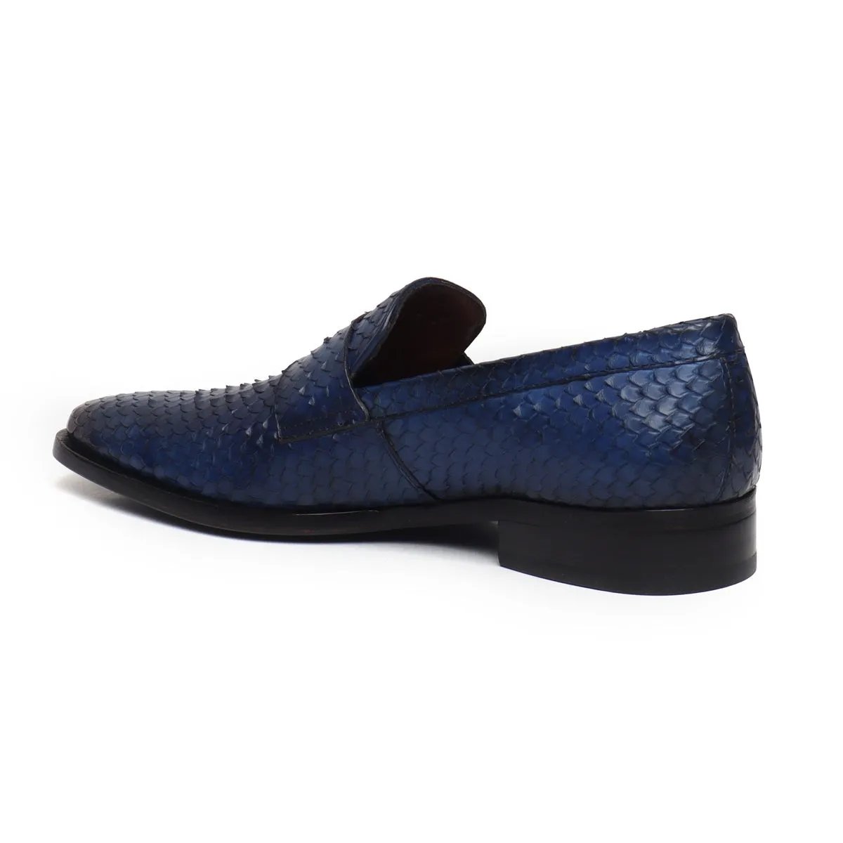 Snake Skin Textured Loafers in Blue Leather