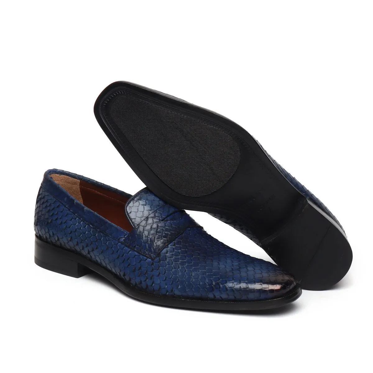 Snake Skin Textured Loafers in Blue Leather